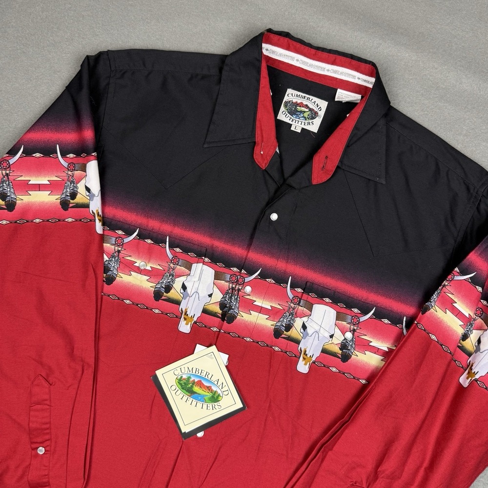 Vintage NWT Cumberland Outfitters Pearl Snap Western Aztec & Bull Skull Mens L